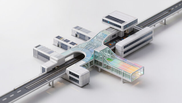 isometric futuristic architectural concept of white modular hub with skybridge and laboratory tower, modern minimal urban infrastructure design with transparent glass corridors