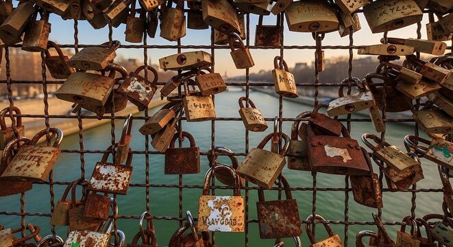 Rusty love locks attached to a metal fence overlooking a river at dusk