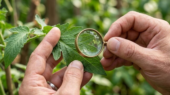 Close-up of a gardener's hands meticulously examining a vibrant green plant leaf with a magnifying glass, searching for pests, diseases, or unique growth details within a lush garden environment