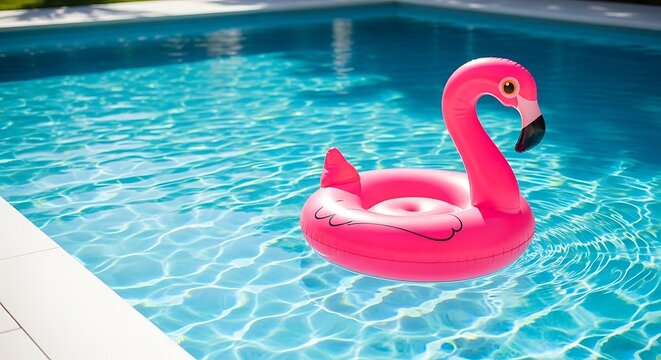 Pink flamingo inflatable float floating in a clear blue swimming pool