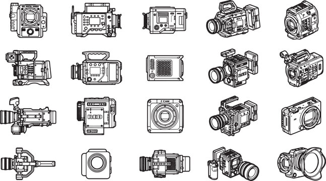 A meticulously detailed collection of video camera designs showcases the evolution of image capture technology, presented in monochrome and offers a glimpse into the art of cinematic devices.
