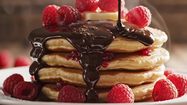 Delicious stack of pancakes drizzled with rich chocolate syrup and topped with fresh raspberries and butter