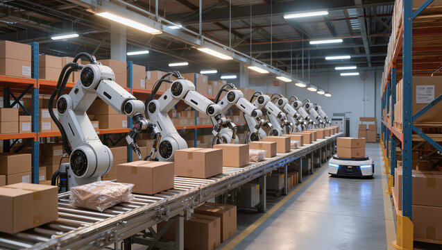 automated smart warehouse with robotic arms on conveyor belt and agv mobile robots, industrial automation and intelligent logistics fulfillment center with ai technology, modern distribution factory