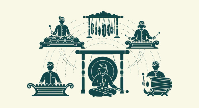 Indonesian Gamelan Traditional Music Performance Illustration with Musicians and Folk Instruments
