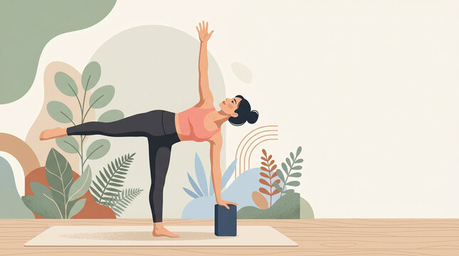 Woman practicing yoga in half moon pose on a yoga mat with a block utthita trikonasana variation hatha yoga self care balancing flexibility wellness exercise activity healthy lifestyle