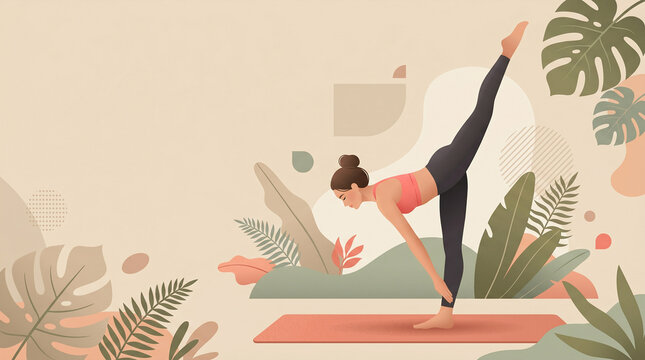 Woman in warrior iii yoga pose with abstract plant background warrior 3 exercise wellness strength flexibility meditation activity wellbeing interior illustration minimalist botanical