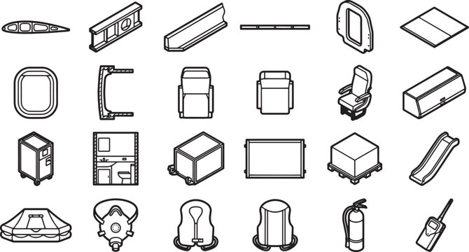 Various illustrated components of a plane are meticulously arranged in a monochromatic scheme, offering a detailed glimpse into aviation elements.