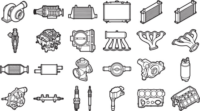 Collection of detailed monochrome automotive parts, providing a comprehensive visual guide.