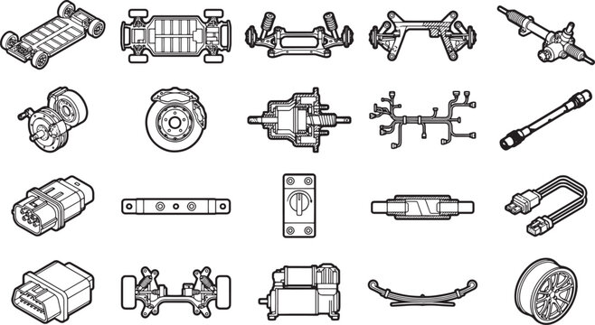 Detailed illustration of various car parts, a comprehensive guide for automotive enthusiasts and professionals. Perfectly showcasing each component for educational and technical use.