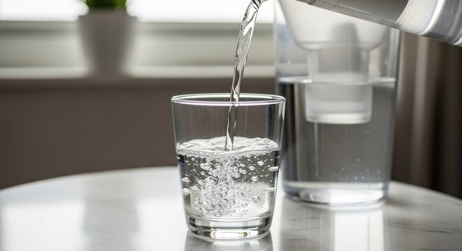 glass of water being poured from a pitcher on a table