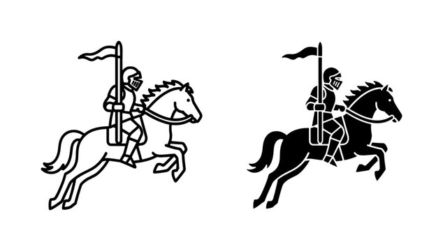 Medieval Knight Riding Horse with Spear Icon Set