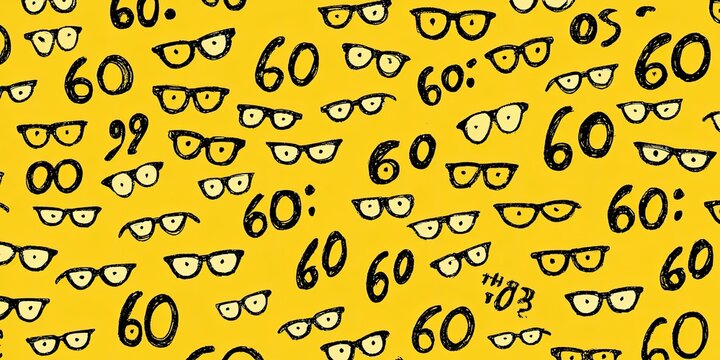 Yellow background with a repeating pattern of cartoon eyes, glasses, and numbers '60'