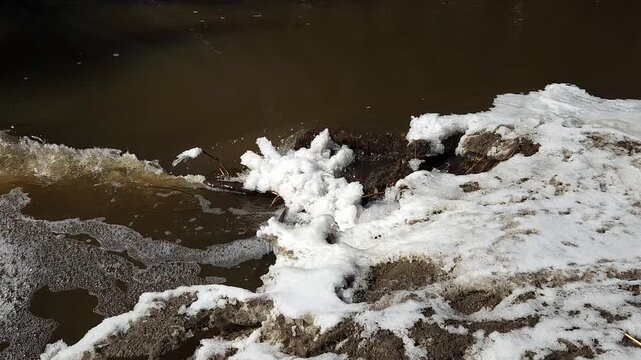 Close-up detail of sediment-laden freshwater stream during spring runoff, showing fast-moving water wrapping around the shoreline edge of a submerged structure, highlighting turbulence and flow.
