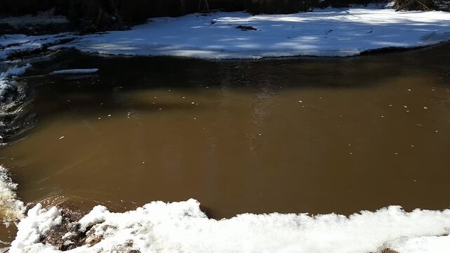 Slow pan following sediment-laden freshwater stream as it shifts from slower surface flow to fast, turbulent runoff over a submerged natural barrier during spring snowmelt, highlighting season change.