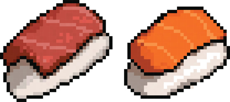 illustration of salmon and tuna sushi in pixel art style