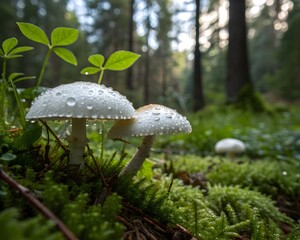 Fototapeta premium White mushrooms with dewdrops on lush green moss in a vibrant forest ecosystem.