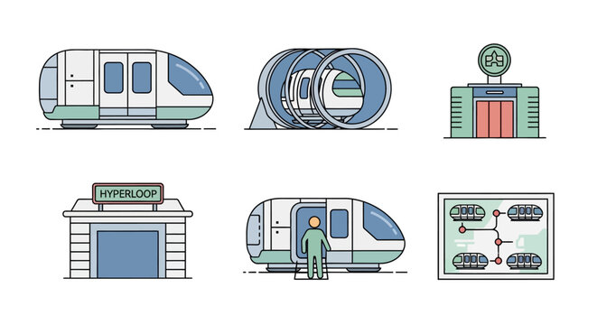 Hyperloop transportation system icons set, featuring trains, stations, and route map.
