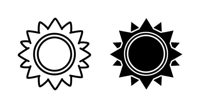 Sun icon set with outline and solid black shapes