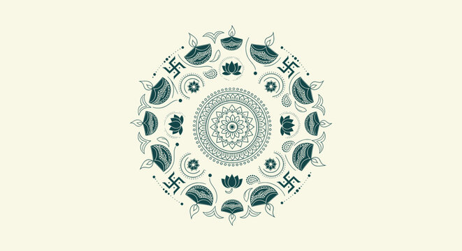 Ornate Diwali Mandala Vector Illustration with Diya and Sacred Symbols for Deepavali Celebrations.