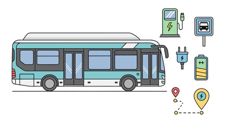 Modern Electric Bus with Charging Icons and Location Markers. © Setiaji