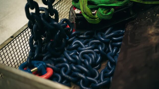 Close-up of thick metal chains stored in a container used for securing and lifting heavy loads.