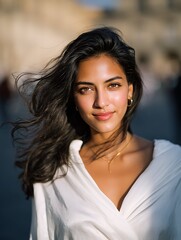 Fototapeta premium Portrait of a Beautiful Young Woman with Wavy Hair in White Shirt at Sunset
