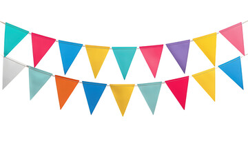 Obraz premium Colorful party bunting garland with pennant flags hanging on string, creating a festive celebration decoration, transparent background