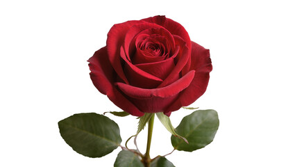 Fototapeta premium Isolated beautiful vibrant red rose flower with green leaves and stem, elegant romantic bloom