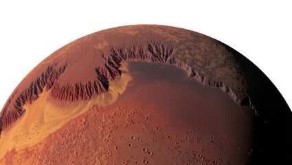 Isolated reddish desert planet surface with vast canyons, impact craters, and rocky terrain © Saoirse