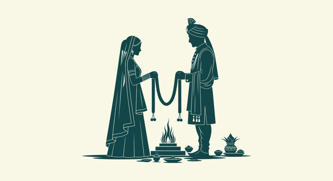 Silhouette Illustration of a Hindu Couple Exchanging Garlands During Traditional Wedding Ritual