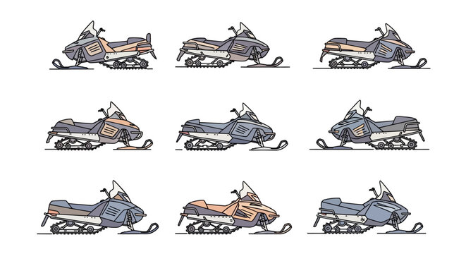Snowmobiles in various colors side view.