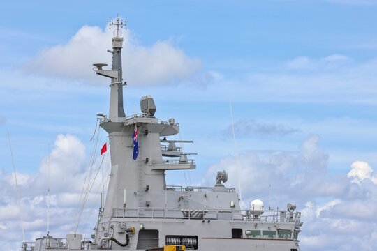 Bridge Australian navy warship, destroyer, cruisers ship. Regional maritime security, combat, war, peacekeeping, naval exercises, tension, military training operations. Copy space, sky background