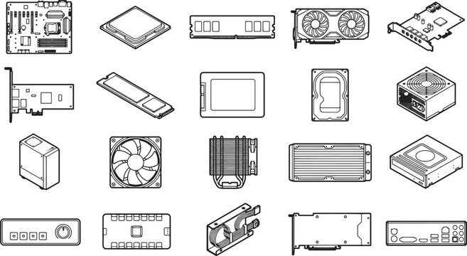 An isometric array of meticulously illustrated computer components showcases the intricate world of technology, each element perfectly detailed. 