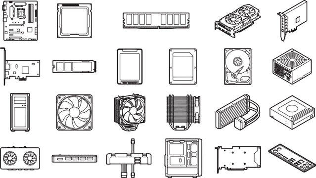 A collection of computer parts, meticulously arranged and showcasing a variety of components for technological assembly, highlighting the intricacies of modern computer hardware and design.