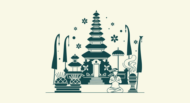 Balinese Hindu Temple Pura Vector Illustration with Meditation Prayer and Traditional Offerings.