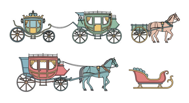 Vintage horse drawn carriages and sleigh.