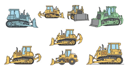 Bulldozers in various positions and colors. © Setiaji