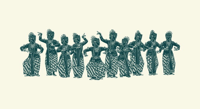 Traditional Indonesian Javanese Women Performing Classic Folk Dance Silhouette Drawing Illustration