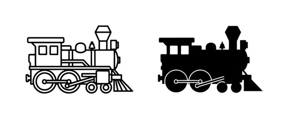 Vintage Steam Locomotive Outline and Silhouette Vector Set © Shakil