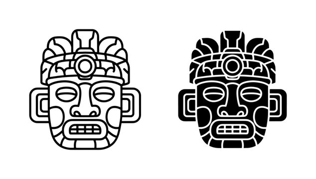 Ancient Mayan Mask Icon Set in Black and White