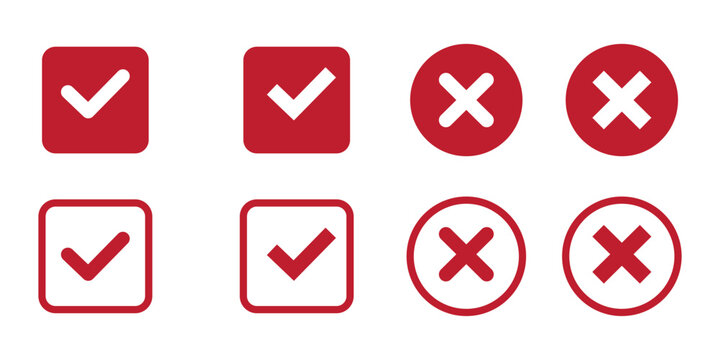 Green check and red cross symbols. Check mark, Tick, and X mark icon. Checkmark and x mark icon. Green checkmark and red cross vector symbol for right and wrong choices.