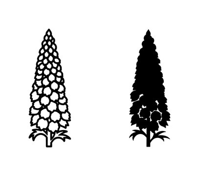 Minimalist delphinium flower icons, black and white larkspur floral silhouettes, botanical garden plant vector set for wedding stationery