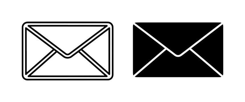 Minimalist envelope icon set, black outline and solid mail symbols, vector email notification graphics for web and app interface design
