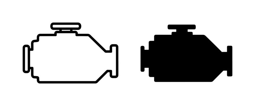 Check engine light icons, car motor dashboard symbols in outline and silhouette styles, automotive diagnostic vector graphics for repair apps