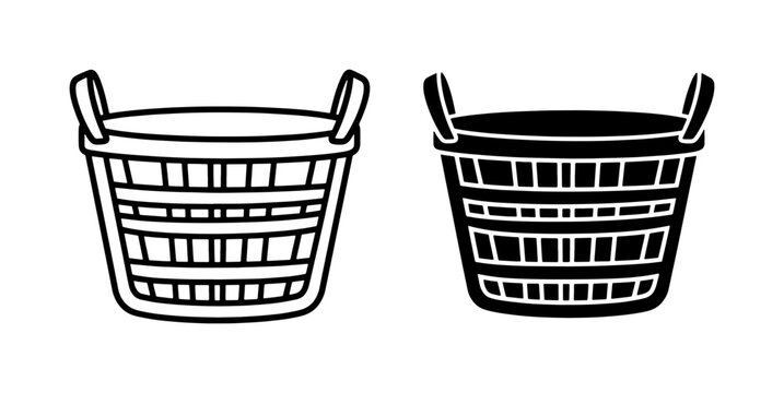 Minimalist wicker basket vector icons, black and white laundry hamper illustrations, woven storage container set for home organization and household chores