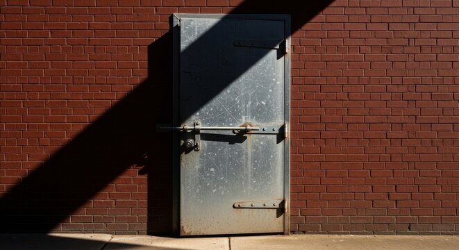 Metal Door with Heavy Lock Against Brick Wall