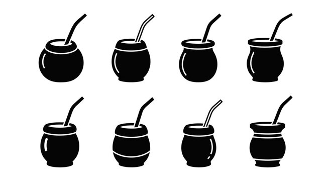 Set of black silhouette mate cups with bombilla straws, isolated on white background