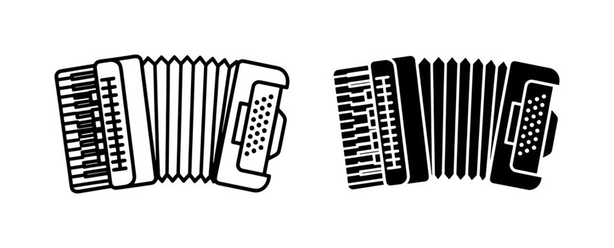Accordion musical instrument vector icons, black and white squeeze box line art, traditional folk music equipment set for festival posters