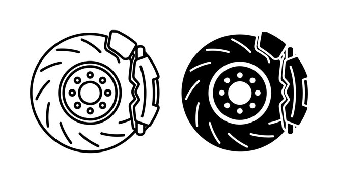 Car brake disc and caliper vector icons, automotive braking system components, black and white line art and silhouette set for mechanic garage