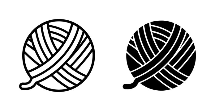 Minimalist yarn ball icons, black and white wool clew vector set, knitting and crochet supplies for craft shop branding and hobby projects